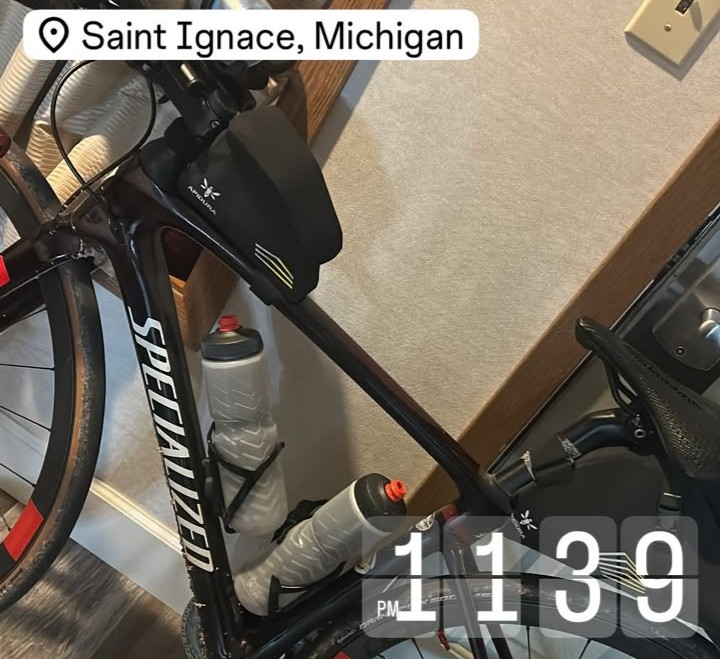 My bike at the St. Ignace hotel after 576 miles.